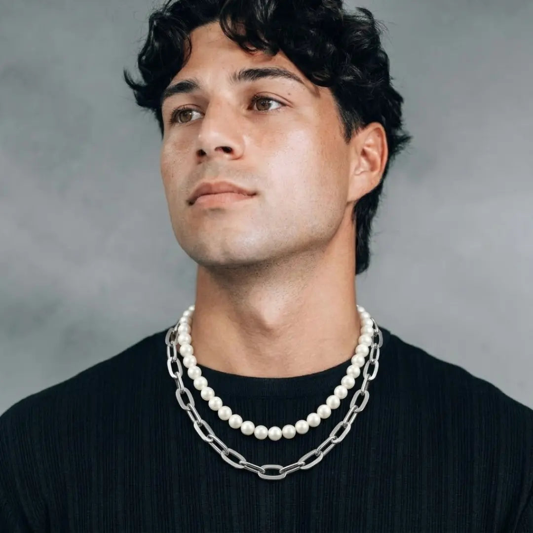 Silver Large Oval Link & Pearl Duo Layered Necklace Set – Chunky Paperclip Chain & Pearl Necklace Set for Men & Women